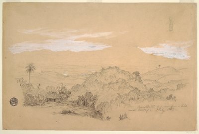 Rajz, Emlékek egy kilátásról egy Cartago melletti dombról, Kolumbia, egy vízzel teli edényt a fején cipelő nővel, 1853. július alkotó: Frederic Edwin Church