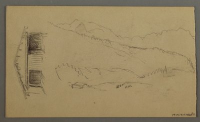 Rajz, háztetők, kapu, hegycsúcsok, 1868. augusztus alkotó: Frederic Edwin Church