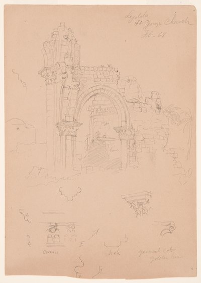 Rajz, Szent György templom romjai, Lydda [ma Lod], 1868. február 7. alkotó: Frederic Edwin Church