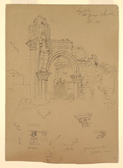 Rajz, Szent György templom romjai, Lydda [ma Lod], 1868. február 7. alkotó: Frederic Edwin Church