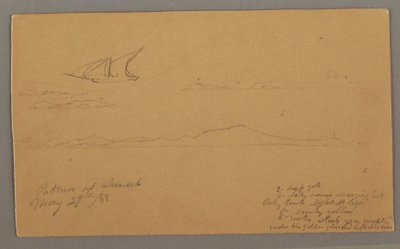 Rajz, vitorlás, hegyvidéki part, szigetek, 1868. május 29. alkotó: Frederic Edwin Church
