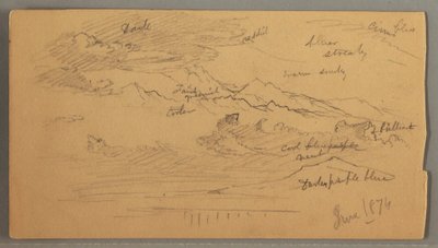 Rajz, Éles hegycsúcsok, felhős ég, 1874. június alkotó: Frederic Edwin Church