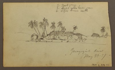 Rajz, Ég a tenger felett; hátoldal: A Guayas folyó partja Guayaquil közelében, Ecuador, 1857. május 29. alkotó: Frederic Edwin Church