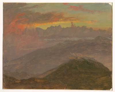 Rajz, Naplemente és hegyek, 1865. július alkotó: Frederic Edwin Church