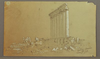 Rajz, Jupiter temploma napfelkeltekor, Baalbek, 1868. május 7. alkotó: Frederic Edwin Church