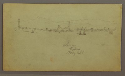 Rajz, Város a tengerparton, mögötte hegyvonulat, 1868. május 27. alkotó: Frederic Edwin Church