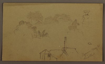 Rajz, Fák, figura, ház Linstead, május 1865 alkotó: Frederic Edwin Church