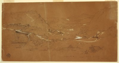 Rajz, völgy híddal és házakkal, Guaranda közelében, Ecuador, 1857. június 5. alkotó: Frederic Edwin Church