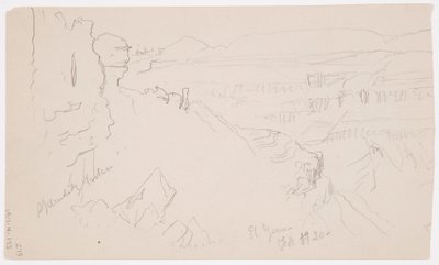 Rajz, Kilátás a dombokon és síkságon át a hegyek felé, El Jemen völgye, 1868. február alkotó: Frederic Edwin Church