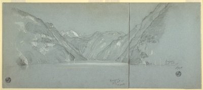 Rajz, A Königssee és a Falkenstein-tó látképe, Berchtesgaden közelében, Bajorország, Németország, 2. rész, 1868. július 11. alkotó: Frederic Edwin Church