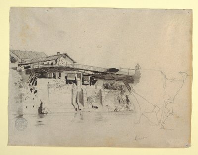 Rajz, A híd és a házak nézete Hondában, Kolumbia, 1853 alkotó: Frederic Edwin Church