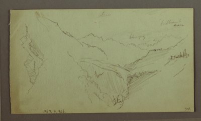 Rajz, Falu és meredek hegyvidéki völgy (Alpok), 1868-69 alkotó: Frederic Edwin Church