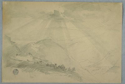 Felhőkön át szakadó nap egy hegyi völgy felett, Jamaica alkotó: Frederic Edwin Church