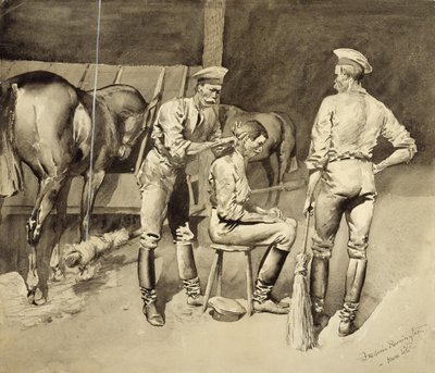 Hajvágás egy lovassági istállóban alkotó: Frederic Remington