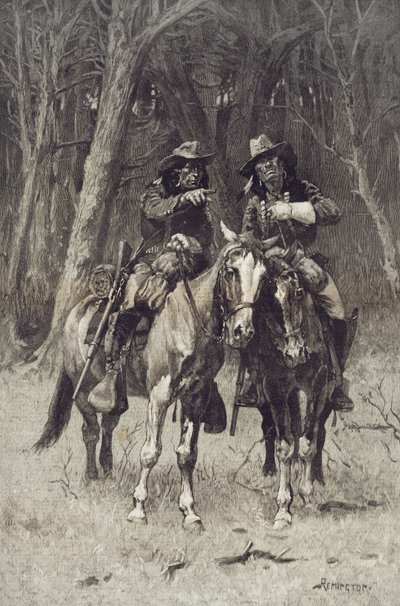 Cheyenne cserkészek járőröznek az észak-kanadai Big Timbernél, Oklahoma, április 6. alkotó: Frederic Remington