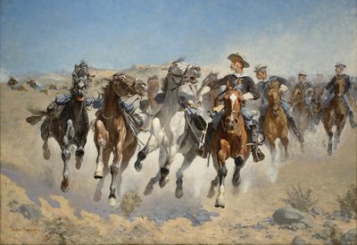 Leszállt lováról: A negyedik katonák mozgatják a vezetett lovakat, 1890 alkotó: Frederic Remington