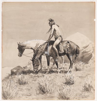 For a Long Time He Stood, egy design a The Egy indiai mód, valószínűleg 1900-ból (tintás mosás és átlátszatlan fehér papíron) alkotó: Frederic Remington