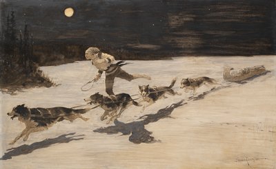 "Huskie" kutyák a befagyott autópályán (Talking Musquash) alkotó: Frederic Remington