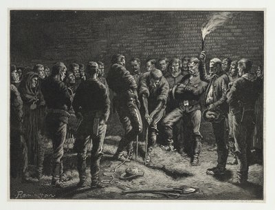 Az Apache kampány – Hatfields férfiak temetése, a Harpers Weekly, kocsma. 1886 alkotó: Frederic Remington