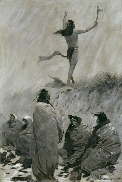 A tűzfaló felemelte karját a mennydörgő madárra, 1900 körül alkotó: Frederic Remington