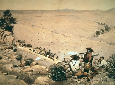„The Hold Up”, 1900 körül (olaj, vászon) alkotó: Frederic Remington