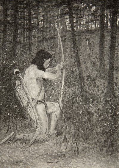 Then, on one knee uprising, Hiawatha aimed an arrow, from The Song of Hiawatha by Henry Wadsworth Longfellow (1807-82), pub. by George G. Harrap und Company Ltd., 1911. alkotó: Frederic Remington
