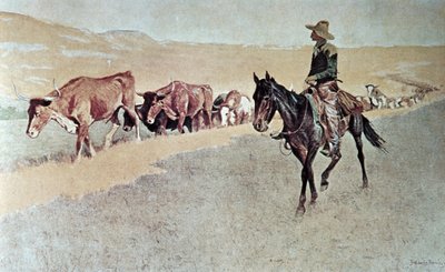 Trailing Texas Longhorns (olaj, vászon) alkotó: Frederic Remington