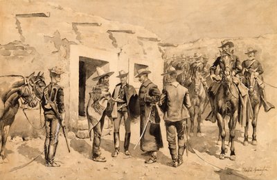 Garza férfiakra vadászó amerikai lovasság a Rio Grandén, 1892 körül (wc papíron) alkotó: Frederic Remington