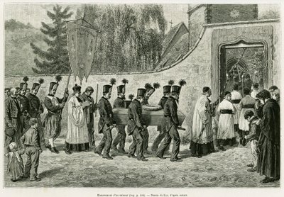 Kiskorú temetése. Lix metszete az Elzászon és Lotaringián keresztül című történet illusztrálására 1887-ben, Charles Grad német tisztviselőtől, a tour du monde 1888-ban, rendező: Edouard Charton (1807-1890), Hachette, Párizs. alkotó: Frederic Theodore Lix
