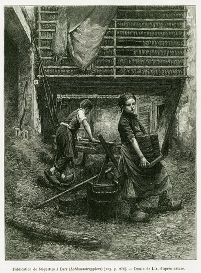 Gyermekmunka a brikettgyártásban, Barr. Lix metszete az Elzászon és Lotaringián keresztül című történet illusztrálására 1887-ben, Charles Grad német tisztviselőtől, a tour du monde 1888-ban, rendező: Edouard Charton (1807-1890), Hachette, Párizs. alkotó: Frederic Theodore Lix