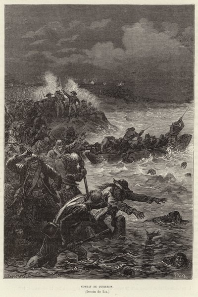 Combat de Quiberon. A Chouannerie és a Vendee-felkelés támogatói, akik megpróbáltak elmenekülni a republikánus erők elől a franciaországi Quiberonban, a francia forradalom alkotó: Frederic Theodore Lix