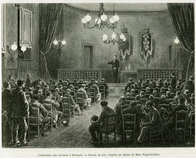 Konferencia a Dollfus Mieg műhely dolgozóinak, Dornachban. Lix metszete az Elzászon és Lotaringián keresztül című történet illusztrálására, Charles Grad német deputátor 1885-ben, a tour du monde 1886-ban, rendezte: Edouard Charton (1807-1890), Hache alkotó: Frederic Theodore Lix