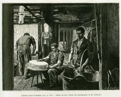 Egy sajtgyár belsejében. Lix metszete az Elzászon és Lotaringián keresztül című történet illusztrálására, Charles Grad német deputátor 1885-ben, a tour du monde 1887-ben Edouard Charton (1807-1890) irányításával, Hachette, Párizs. alkotó: Frederic Theodore Lix