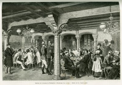 A strasbourgi Tiefenkeller kocsma belseje. Lix metszete az Elzászon és Lotaringián keresztül című történet illusztrálására 1887-ben, Charles Grad német tisztviselőtől, a tour du monde 1888-ban, rendező: Edouard Charton (1807-1890), Hachette, Párizs. alkotó: Frederic Theodore Lix