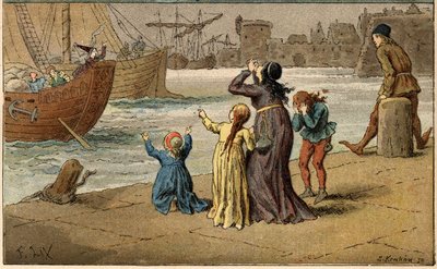 Népszerű dal: „A Nantes est érkezés””. A gyerekek gyászolják a tengerüket, amelyet egy tengerész vitt el. Illusztráció (részlet): Frederic Theodore Lix (1830-1897) a „Chansons et rounds enfantines des provinces de la France” c. alkotó: Frederic Theodore Lix