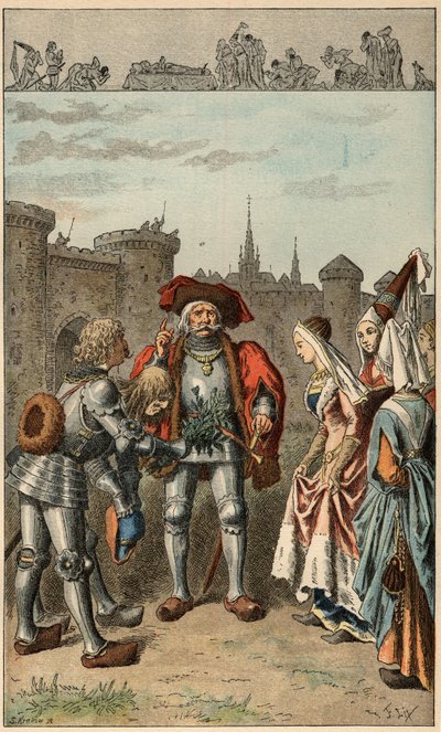 Népszerű dal: „It was Anne of Bretany” Bretagne-i Anna (1477-1514) francia királynő, aki Rennes-be érkezik, egy csokor verbénát kap. Illusztráció: Frederic Theodore Lix (1830-1897) a „Gyermekdalok és körök Franciaország tartományaiból” c. alkotó: Frederic Theodore Lix