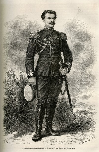 Az utazó és elbeszélő, Prjewalski alezredes portréja, F. Lix rajza az 1870 és 1873 közötti Mongóliába és a Tangute földjére tett utazásának illusztrálására, Prjewalski alezredese által. Gravírozás a Le tour du monde-ban alkotó: Frederic Theodore Lix