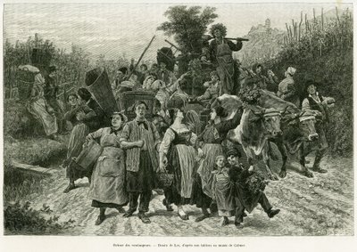 A termés visszatérése. Lix metszete az Elzászon és Lotaringián keresztül című történet illusztrálására 1887-ben, Charles Grad német tisztviselőtől, a tour du monde 1888-ban, rendező: Edouard Charton (1807-1890), Hachette, Párizs. alkotó: Frederic Theodore Lix