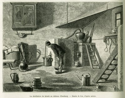 A kirsch lepárlása Isenburg várában. Lix metszete az Elzászon és Lotaringián keresztül című történet illusztrálására 1887-ben, Charles Grad német tisztviselőtől, a tour du monde 1888-ban, rendező: Edouard Charton (1807-1890), Hachette, Párizs. alkotó: Frederic Theodore Lix