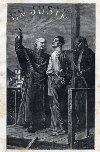Az eve Myriel egy halálos ítéletet kísér, amely felmászik az állványra – Frederic Theodore Lix (1830-1897) illusztrációja Victor Hugo (1802-1885) „The Miserables – First Part: Fantine” című művéhez, 1862 alkotó: Frederic Theodore Lix
