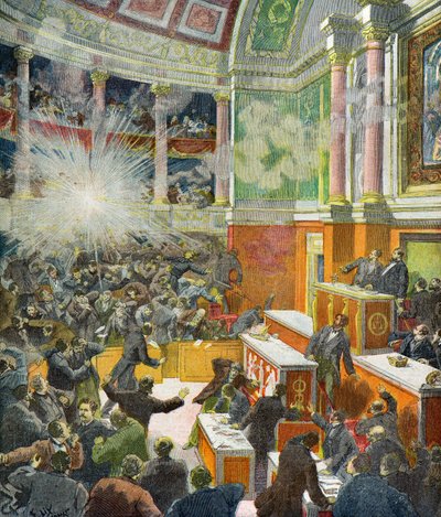 egy Auguste Vaillant által dobott bomba robbanása. alkotó: Frederic Theodore Lix