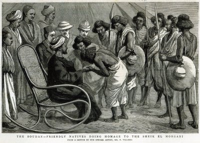 The Soudan: Barátságos bennszülöttek, akik tisztelegnek Sheik el Morgani előtt, a „The Graphic”-ból, 1884. április 19. (metszet) alkotó: Frederic Villiers