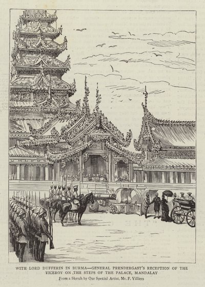 Lord Dufferinnel Burmában, Prendergast tábornok alkirályi fogadása a palota lépcsőjén, Mandalay alkotó: Frederic Villiers