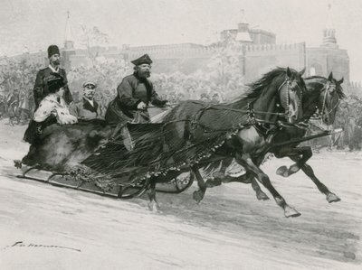 Egy szán kék selyemhálóval, hogy a hó ne permetezze a lakókat, a háttérben a Kreml alkotó: Frederic de Haenen