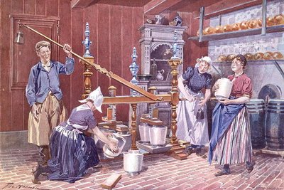 Sajtgyártás Hollandiában, 1900 körül (színes litho) alkotó: Frederic de Haenen