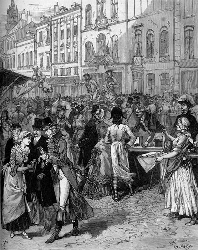 Lille 1792-es ostromának emlékének történelmi ünnepe: a Braderie Watteau (nagy vásár) a város utcáin a 18. század divatos lakóival. De Haenen metszete a „” Le Monde Illustré”” 1334. számában, október 21. alkotó: Frederic de Haenen