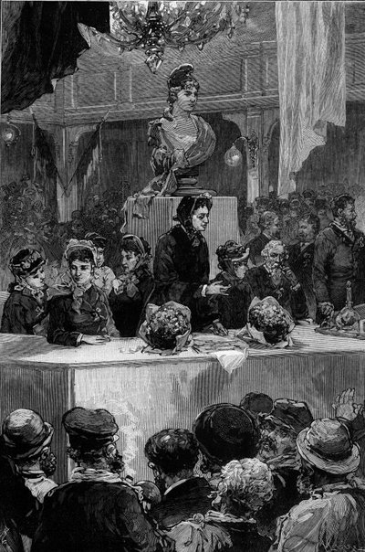 Louise Michel (1830-1905) előadása, Graffard szoba Párizsban, 1880. november 30. De Haenen metszete a „” The Illustrous World”” 1237. számában, 1880. december 11.. alkotó: Frederic de Haenen