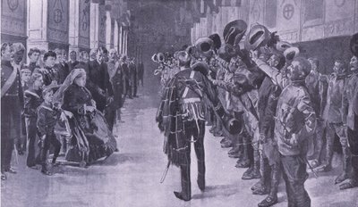 Viktória királynő érvénytelenített gyarmati lakosokat vizsgál meg a windsori St Georges Hallban, illusztráció: Pretoria után: A gerillaháború, 1902 alkotó: Frederic de Haenen