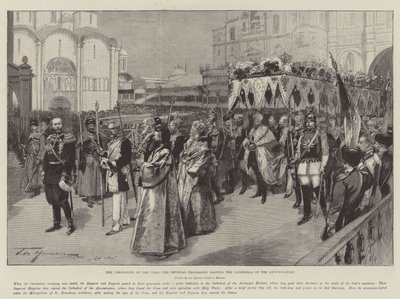 A cárkoronázás, a császári körmenet elhagyása az Angyali üdvözlet-székesegyházból alkotó: Frederic de Haenen