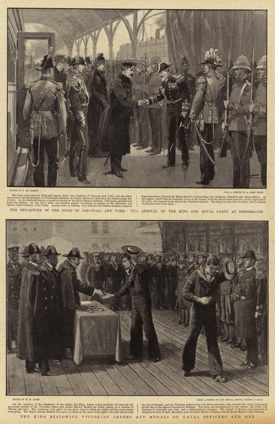 Cornwall és York hercegének távozása, a király és a királyi párt érkezése Portsmouthba, a király viktoriánus rendeket és kitüntetéseket adományoz a haditengerészeti tiszteknek és férfiaknak alkotó: Frederic de Haenen